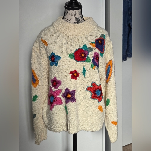 Sweaters - Vintage Floral Knit Sweater Cream Chunky Cottagecore 90s Medium